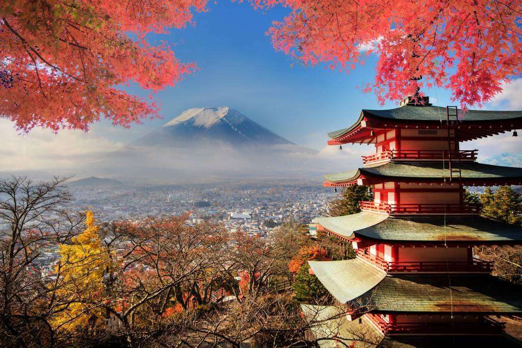 Mt. Fuji with fall colors in Japan.