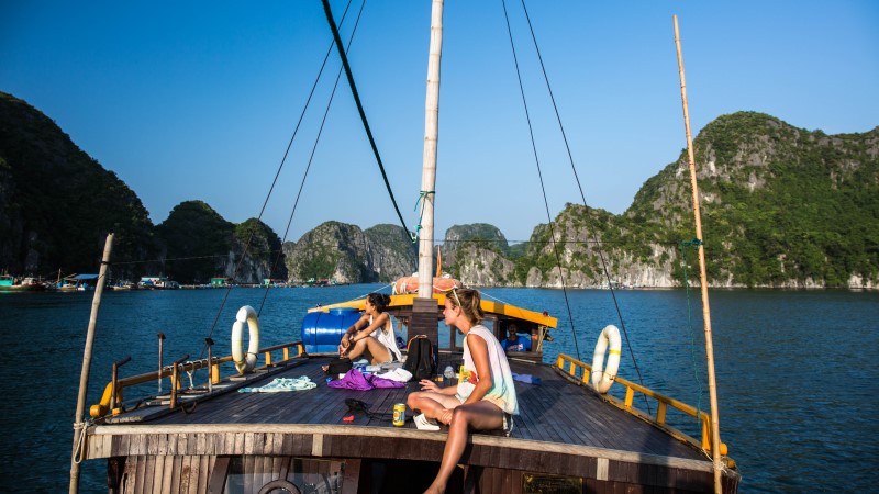 Female travellers in Halong Bay, Vietnam